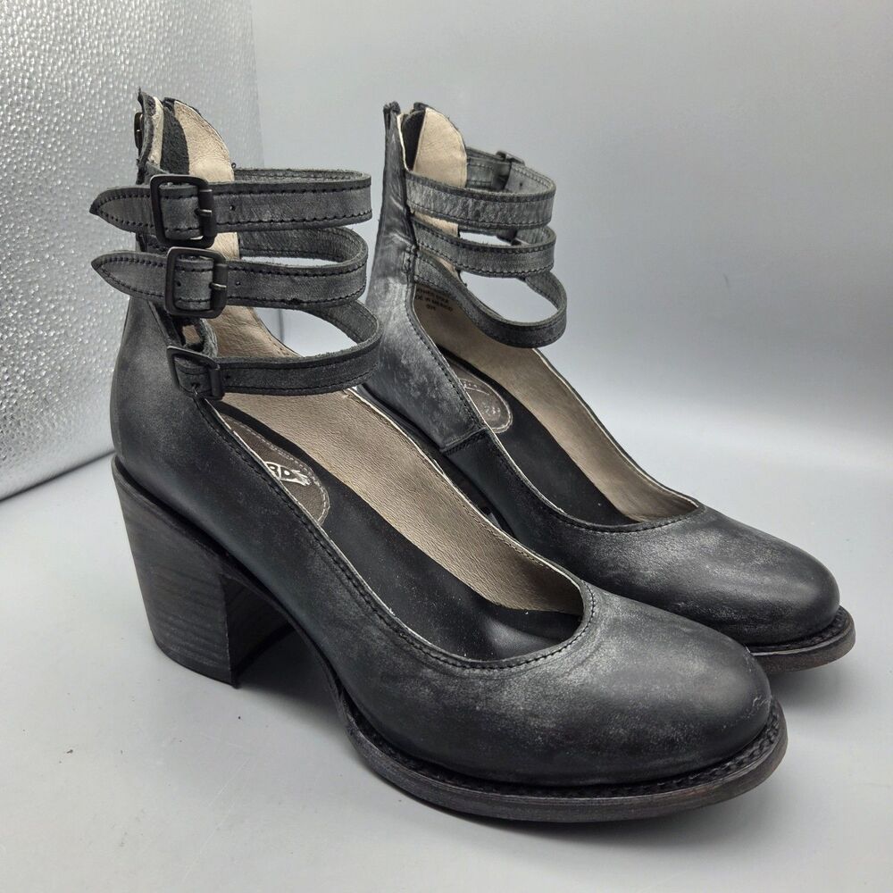 Freebird Randi Heel Ankle Strap Shoes Sz 8 black gray Distressed leather Zipper